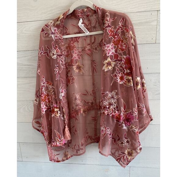 Womens One Size Pink Floral Sheer Kimono Pool Beach Cover Up Sexy Robe Bohemian - Picture 1 of 5